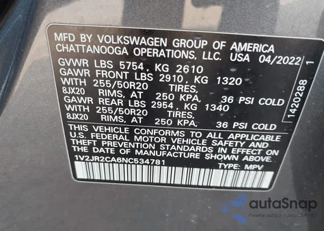 2022 Volkswagen Atlas 3.6L V6 Se W/Technology из США, поврежденный, VIN 1V2JR2CA6NC534781